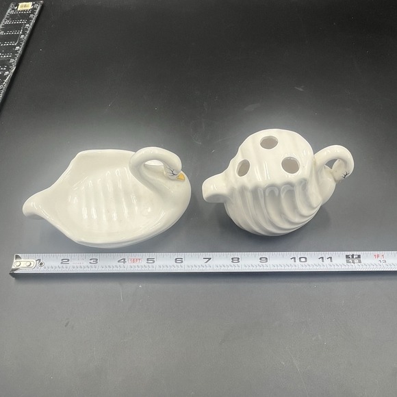 VTG Set Swan Soap Dish Toothbrush Holder MCM Ceramic - Picture 7 of 10